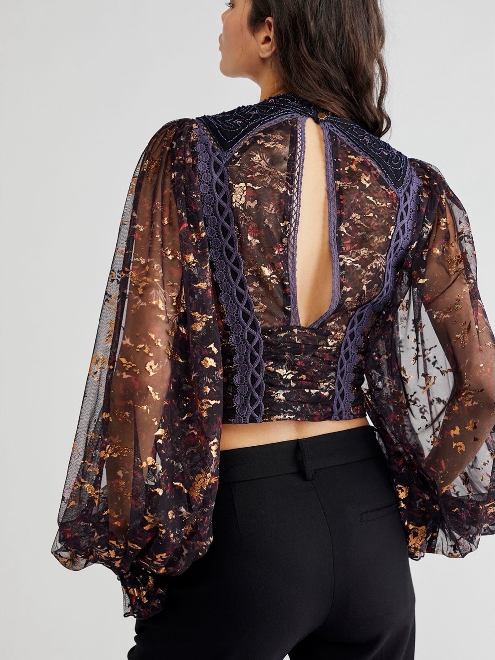 Free People Camille Top | Embroidered, beaded, metallic mesh extravaganza sleeve - Picture 3 of 12